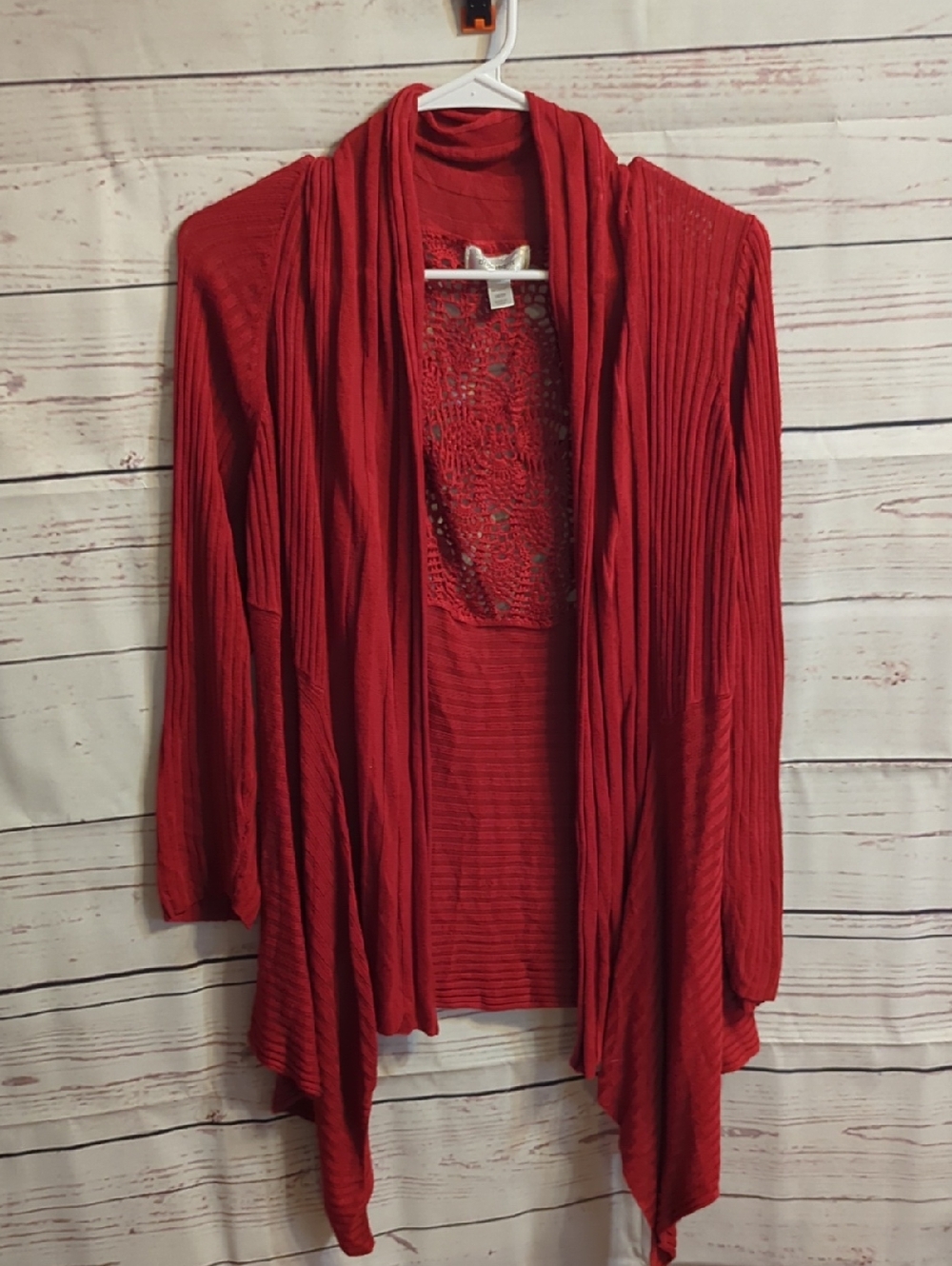 dressbarn Red Open-Front Draped Cardigan with Lace Back